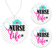 Nurse Life Polka Dots Car Charm and set of 2 Sandstone Car Coasters - Sew Lucky Embroidery