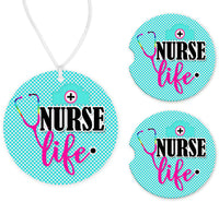 Nurse Life Car Charm and set of 2 Sandstone Car Coasters - Sew Lucky Embroidery