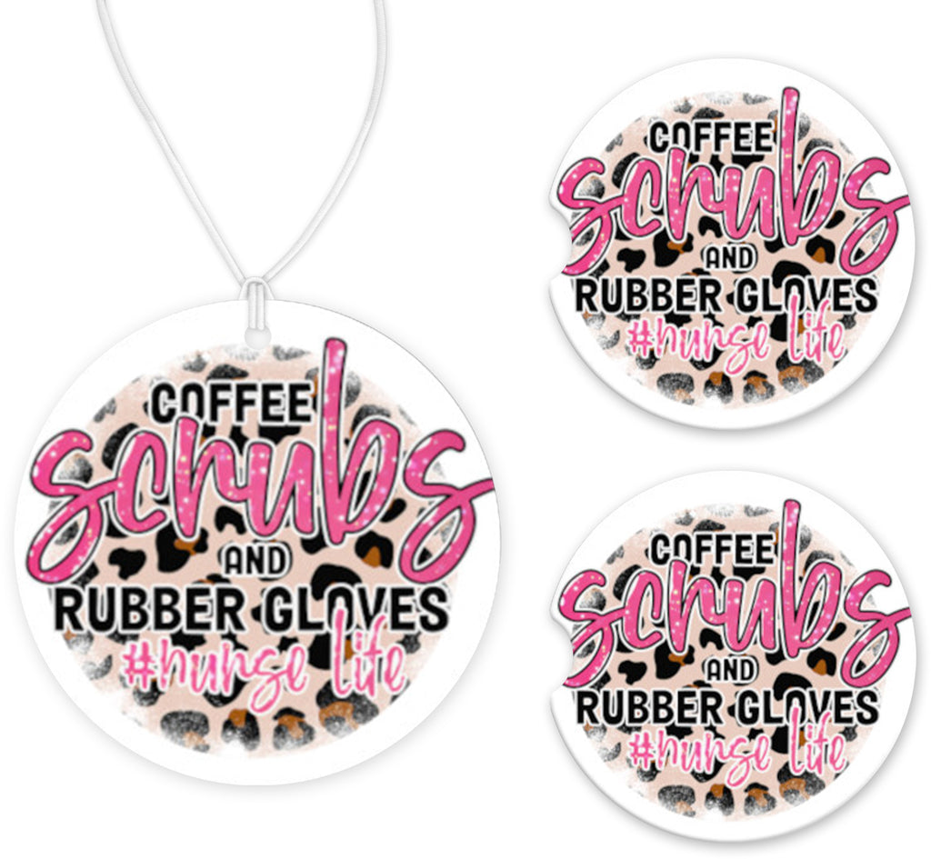Nurse Life Leopard Print Car Charm and set of 2 Sandstone Car Coasters - Sew Lucky Embroidery