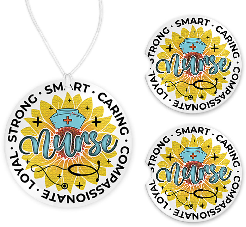 Nurse Traits Car Charm and set of 2 Sandstone Car Coasters - Sew Lucky Embroidery