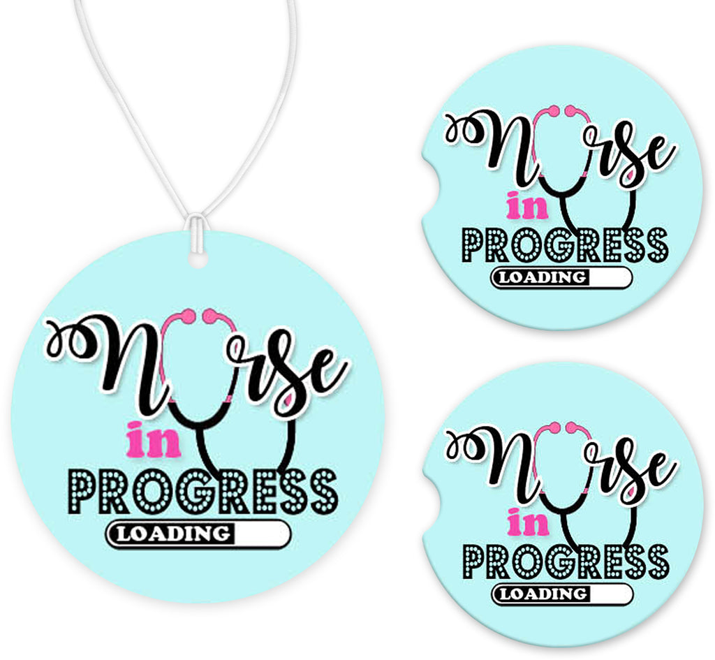 Nurse in Progress Car Charm and set of 2 Sandstone Car Coasters - Sew Lucky Embroidery