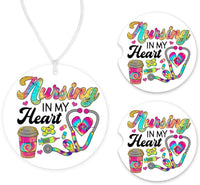 Nursing in My Heart Colorful Car Charm and set of 2 Sandstone Car Coasters - Sew Lucky Embroidery