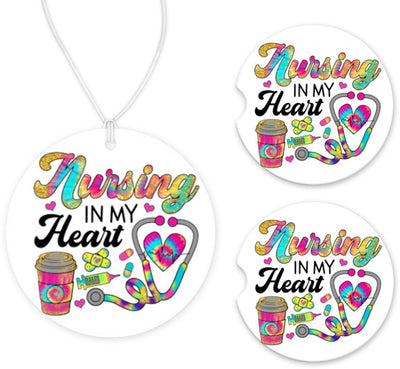 Nursing in My Heart Colorful Car Charm and set of 2 Sandstone Car Coasters