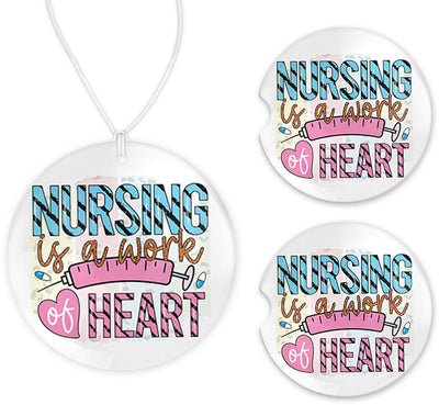 Nursing is the Work of  Heart Colorful Car Charm and set of 2 Sandstone Car Coasters