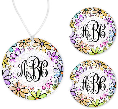 Pastel Floral Mongram Car Charm and set of 2 Sandstone Car Coasters