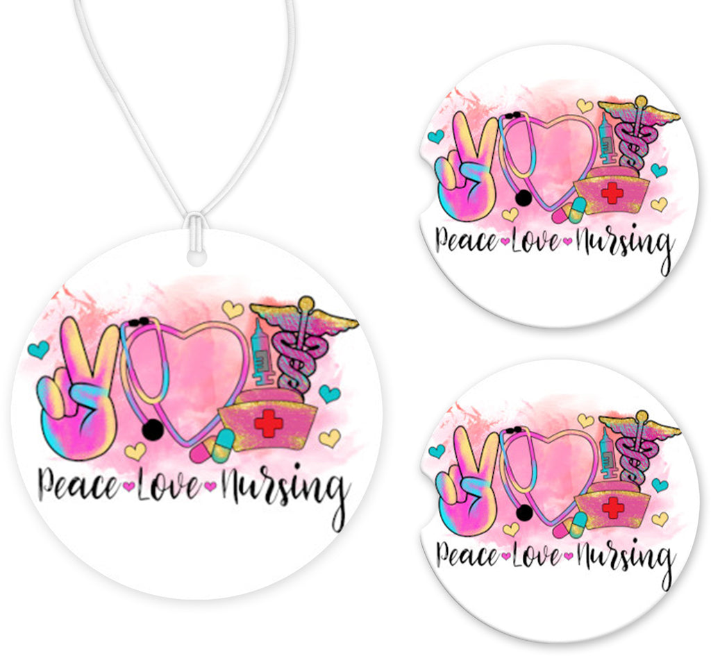 Peace Love Nursing Car Charm and set of 2 Sandstone Car Coasters - Sew Lucky Embroidery