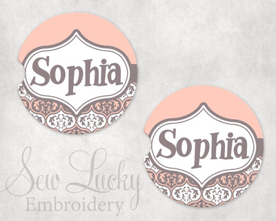 Peach Scroll Frame Personalized Sandstone Car Coasters (Set of Two)