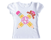 Pencils with Bow Monogram Back to School Shirt - Sew Lucky Embroidery