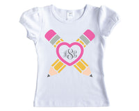 Pencils with Heart Frame Monogram Back to School Shirt - Sew Lucky Embroidery