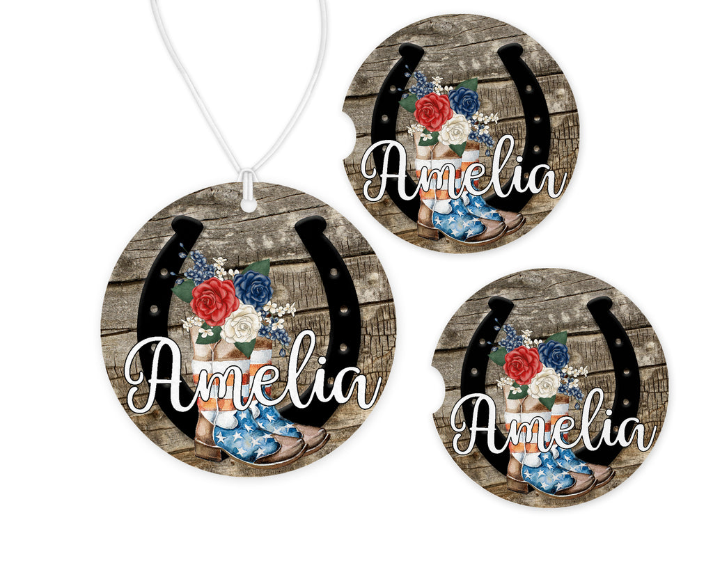 Horseshoe and Boots Car Charm and set of 2 Sandstone Car Coasters Personalized - Sew Lucky Embroidery