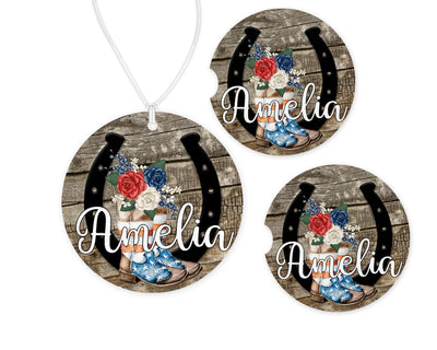 Horseshoe and Boots Car Charm and set of 2 Sandstone Car Coasters Personalized