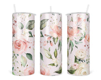 Pink Floral 20 oz insulated tumbler with lid and straw - Sew Lucky Embroidery