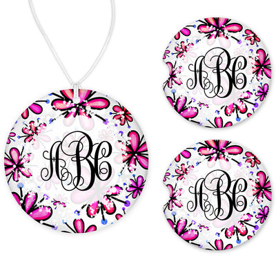 Pink Floral Monogram Car Charm and set of 2 Sandstone Car Coasters