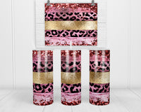 Leopard and Gold Stripes 20 oz insulated tumbler with lid and straw - Sew Lucky Embroidery