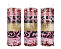 Leopard and Gold Stripes 20 oz insulated tumbler with lid and straw - Sew Lucky Embroidery