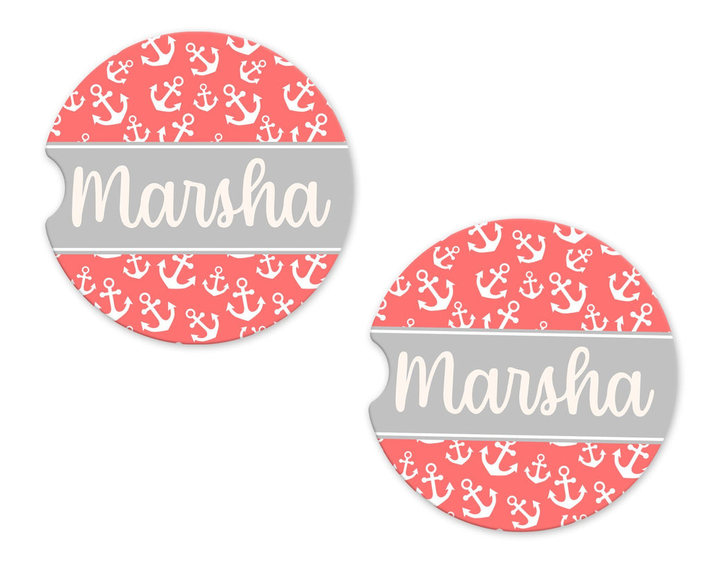 Pink Anchors Sandstone Car Coasters - Sew Lucky Embroidery