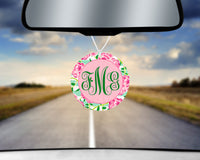Pink Floral Car Charm and set of 2 Sandstone Car Coasters Personalized - Sew Lucky Embroidery