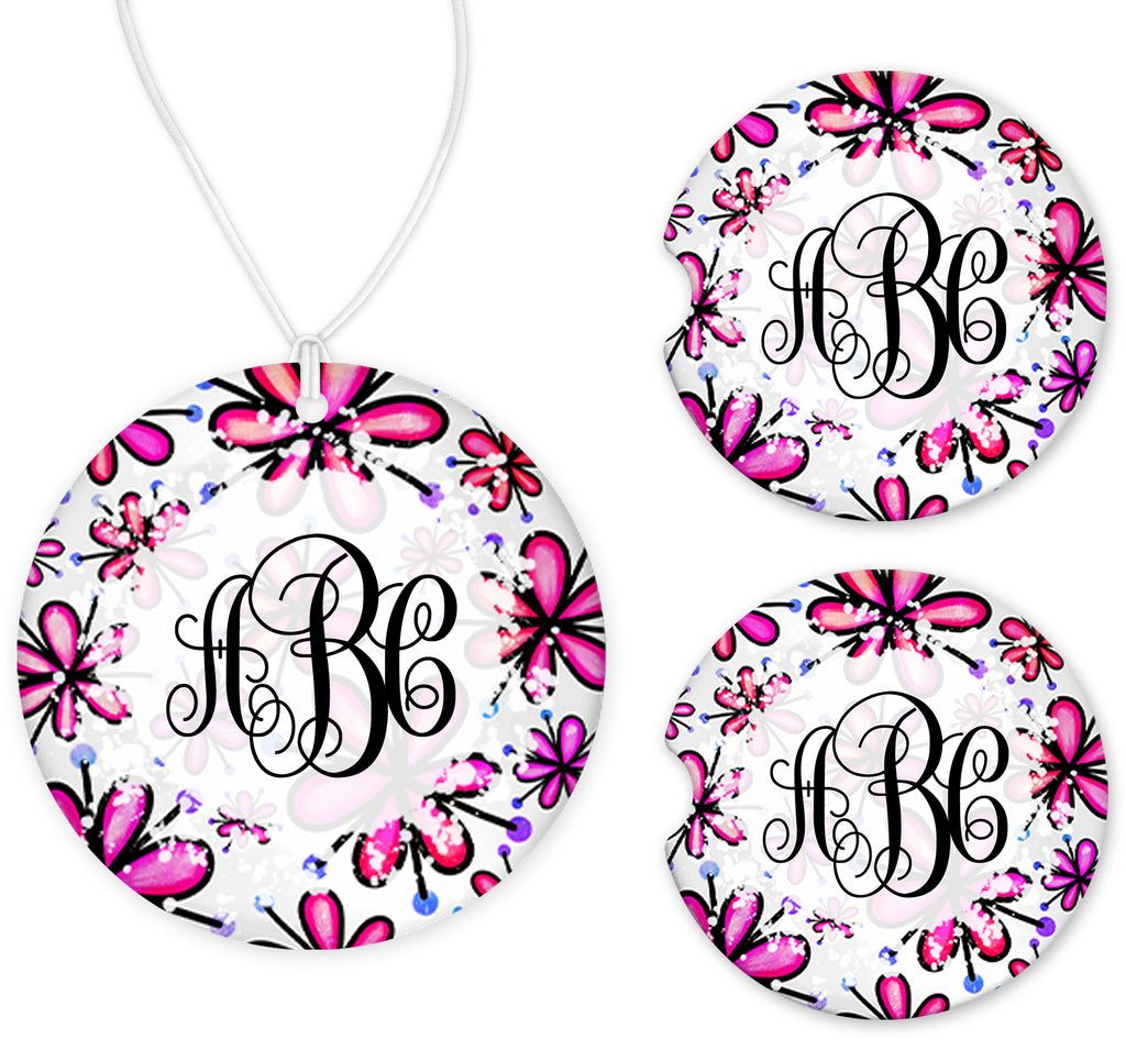 Pink Floral Monogram Car Charm and set of 2 Sandstone Car Coasters - Sew Lucky Embroidery
