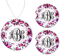 Pink Floral Monogram Car Charm and set of 2 Sandstone Car Coasters - Sew Lucky Embroidery