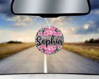 Pink Flowers Car Charm and set of 2 Sandstone Car Coasters Personalized - Sew Lucky Embroidery