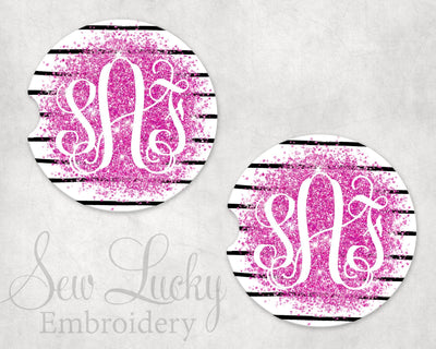Pink Glitter with Stripes Personalized Sandstone Car Coasters (Set of Two)
