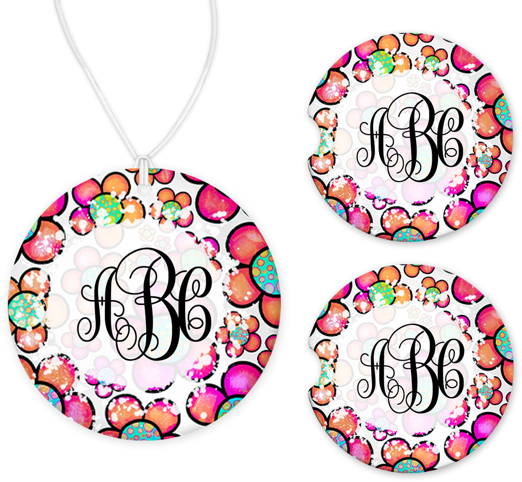 Pink and Orange Floral Monogram Car Charm and set of 2 Sandstone Car Coasters - Sew Lucky Embroidery