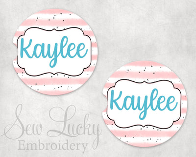 Pink Stripes Personalized Sandstone Car Coasters (Set of Two)