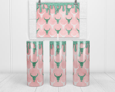 Pink and Teal Drop Cow Skulls 20 oz insulated tumbler with lid and straw