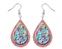 Pink Glitter and Floral Teardrop Earrings