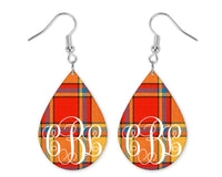 Orange Plaid Monogrammed Teardrop Earrings