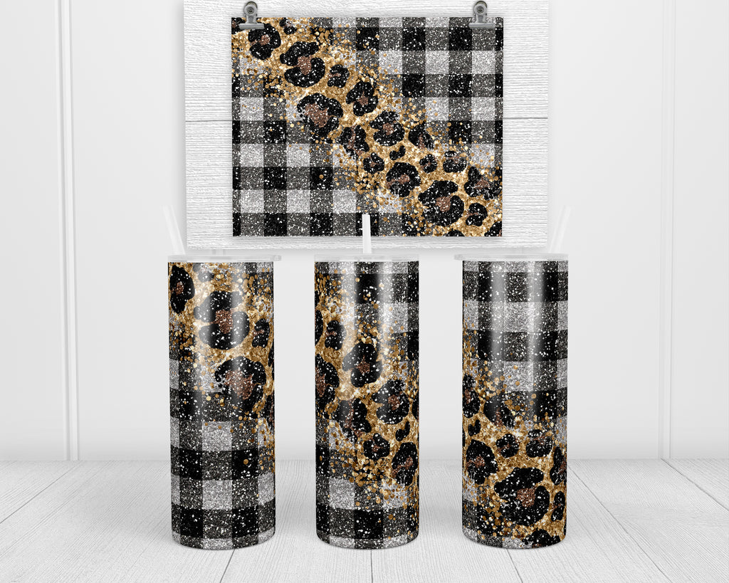Plaid and Leopard Glitter 20 oz insulated tumbler with lid and straw - Sew Lucky Embroidery