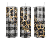 Plaid and Leopard Glitter 20 oz insulated tumbler with lid and straw - Sew Lucky Embroidery