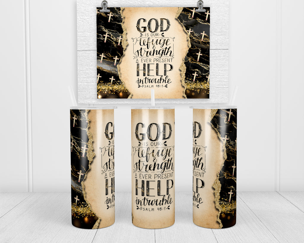 Psalms 46:1 Gold with Black Marble 20 oz insulated tumbler with lid and straw - Sew Lucky Embroidery