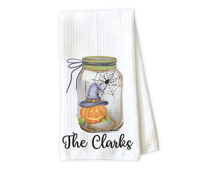 Pumpkin Witch in Mason Jar Personalized Waffle Weave Microfiber Kitchen Towel