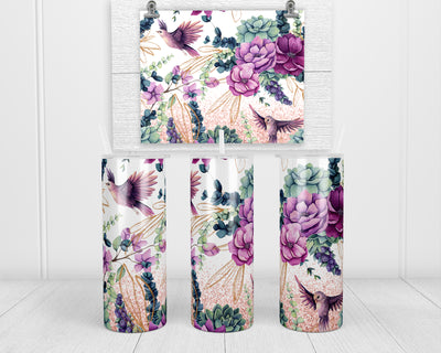 Purple Birds and Floral 20 oz insulated tumbler with lid and straw