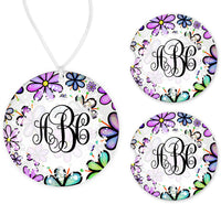 Purple Blue and Green Floral Monogram Car Charm and set of 2 Sandstone Car Coasters - Sew Lucky Embroidery