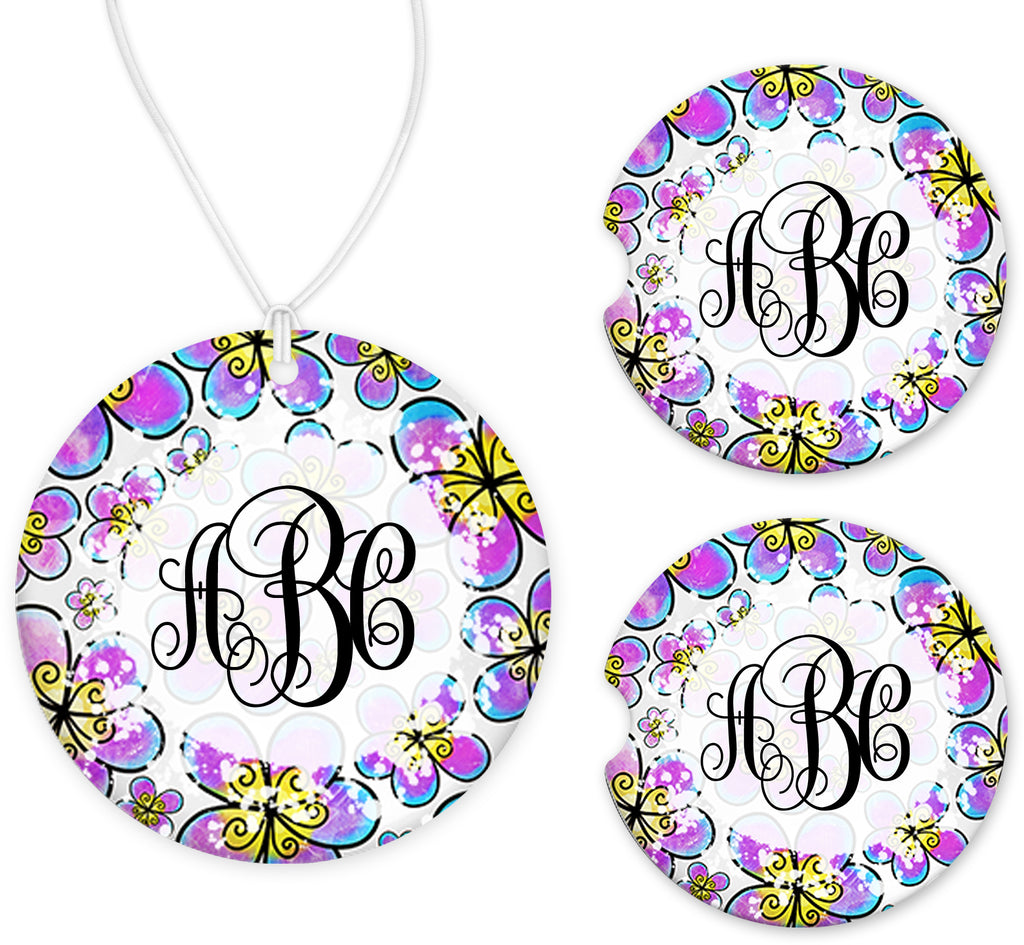 Purple Blue and Yellow Floral Monogram Car Charm and set of 2 Sandstone Car Coasters - Sew Lucky Embroidery