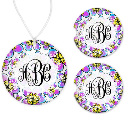 Purple Blue and Yellow Floral Monogram Car Charm and set of 2 Sandstone Car Coasters