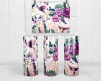 Purple Birds and Floral 20 oz insulated tumbler with lid and straw - Sew Lucky Embroidery