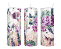 Purple Birds and Floral 20 oz insulated tumbler with lid and straw - Sew Lucky Embroidery