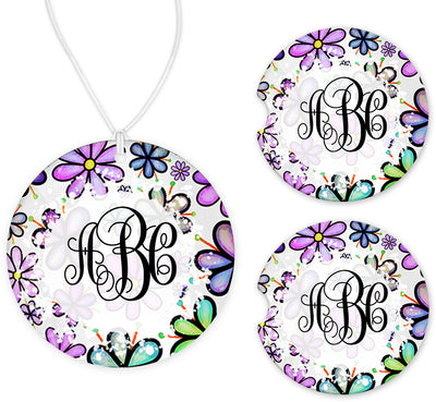 Purple Blue and Green Floral Monogram Car Charm and set of 2 Sandstone Car Coasters