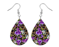 Purple Floral Leopard Handmade Wood Earrings - Sew Lucky Embroidery