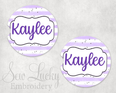 Purple Stripes Personalized Sandstone Car Coasters (Set of Two)