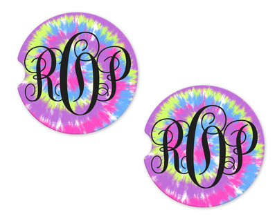 Purple Tie Dye Personalized Sandstone Car Coasters (Set of Two)