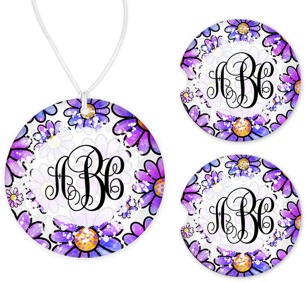 Purple and Blue Floral Monogram Car Charm and set of 2 Sandstone Car Coasters - Sew Lucky Embroidery