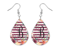 Purple Stripes Floral Monogrammed Teardrop Earrings