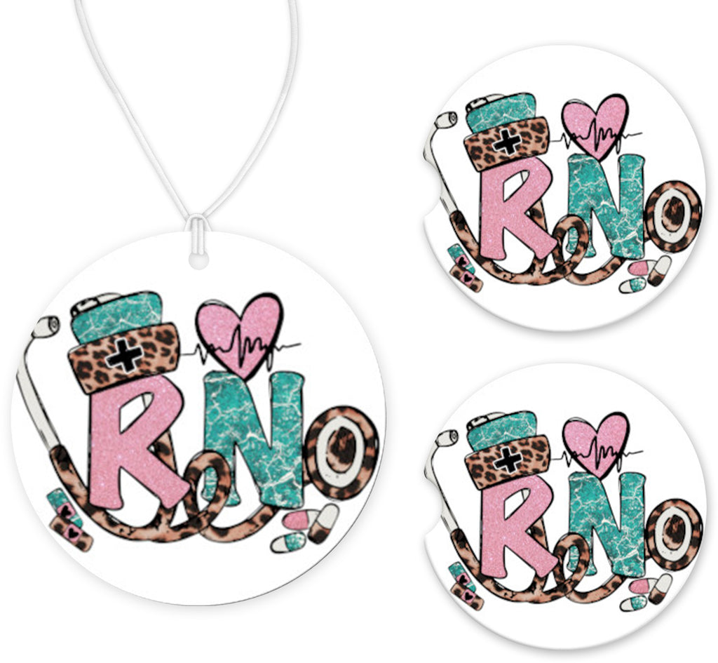 RN Car Charm and set of 2 Sandstone Car Coasters - Sew Lucky Embroidery