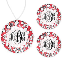 Red Floral Monogram Car Charm and set of 2 Sandstone Car Coasters - Sew Lucky Embroidery