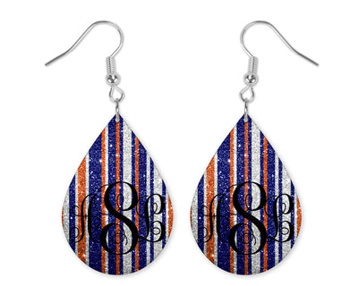 Red Blue Silver Glitter Stripes Monogrammed Teardrop Earrings