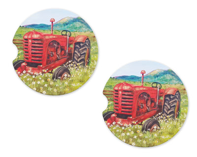 Red Farm Tractor Sandstone Car Coasters (Set of Two)